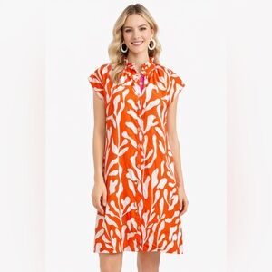 THML Orange White Abstract Print Ruffle Neck Button Front Dress Medium Boho